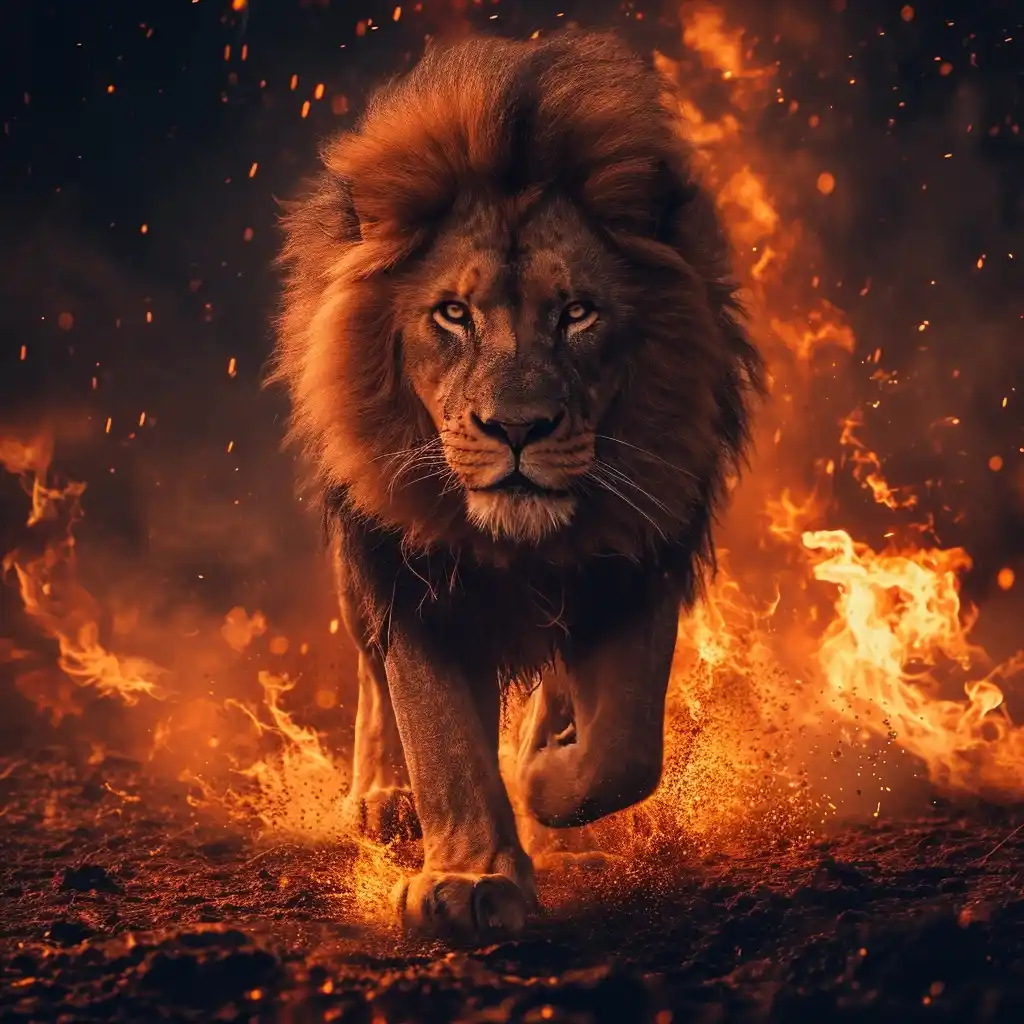 Fiery Lion in Stylized Shot Midjourney提示词