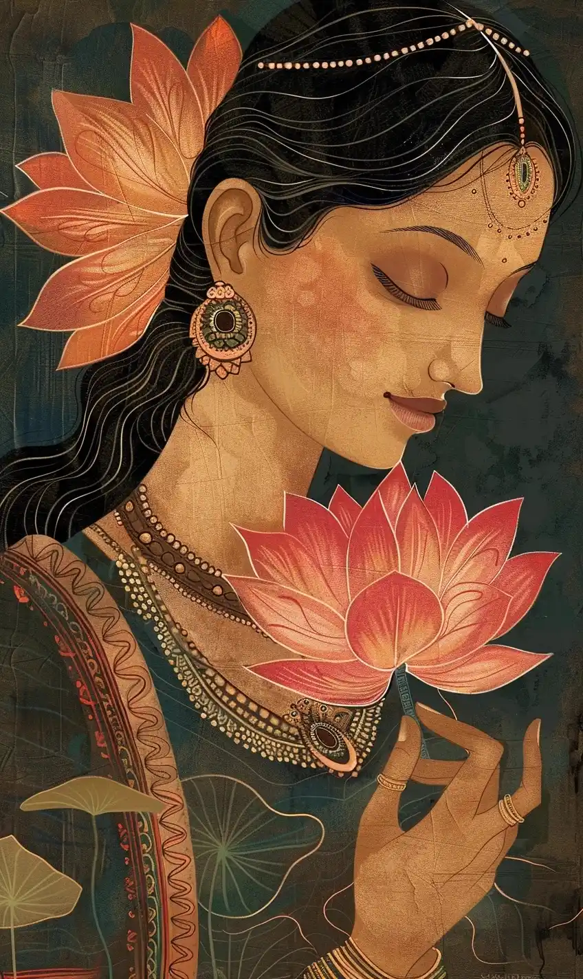 Ancient Lotus Woman Illustration Midjourney提示词