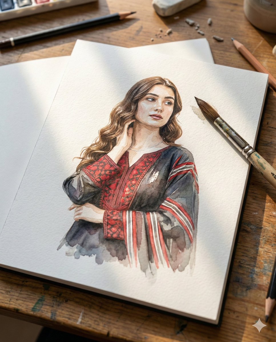 Realistic Watercolor Portrait of Woman in Traditional Dress Nano Banana提示词