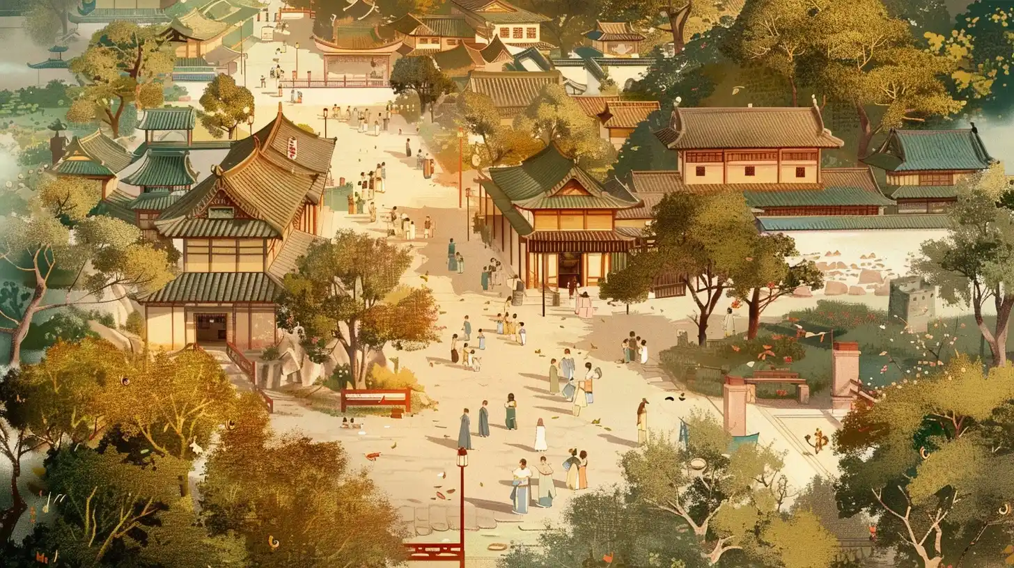 Ancient Cartoon Jiangnan Scene Midjourney提示词