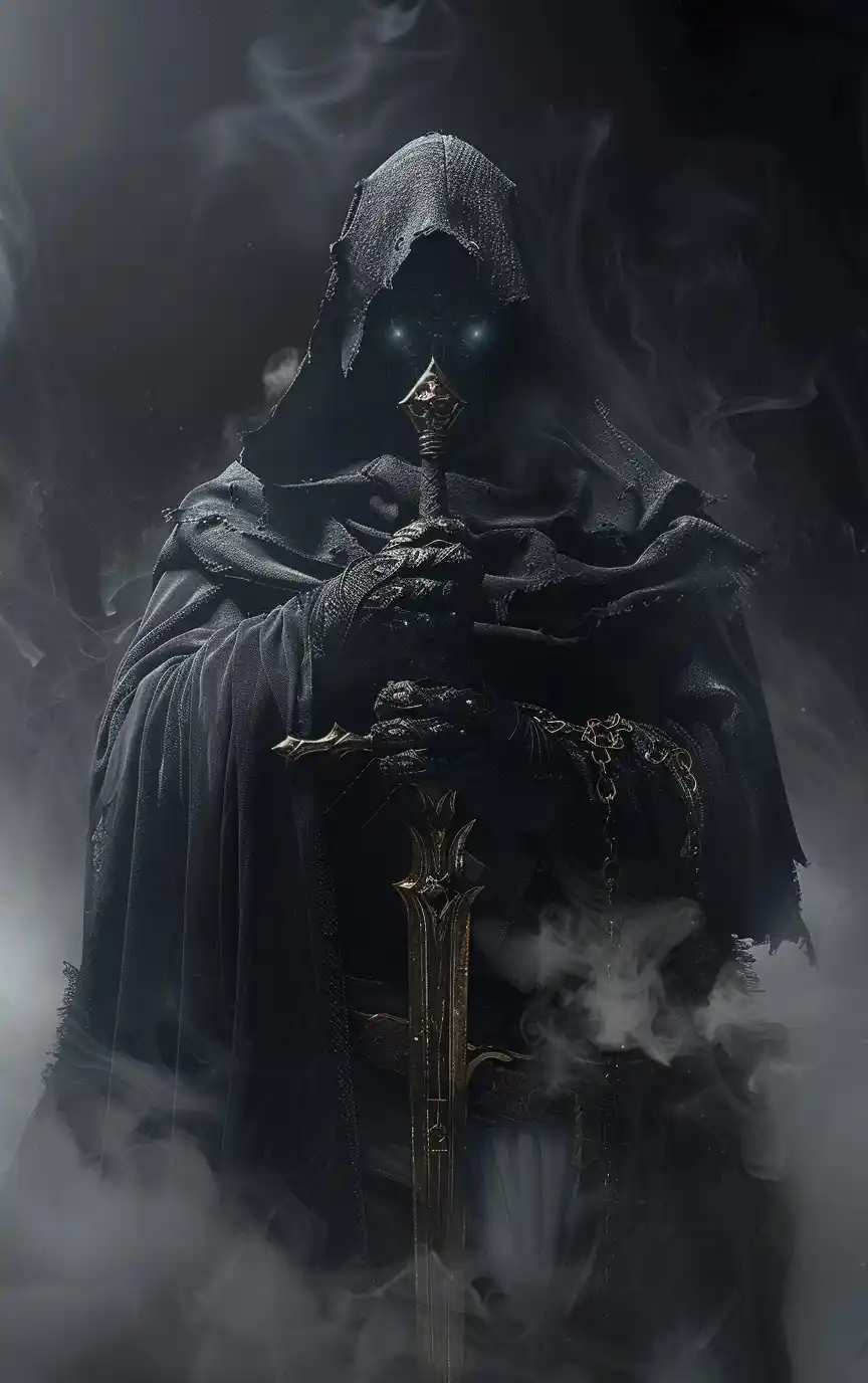 Dark Fantasy Cloaked Figure Midjourney提示词