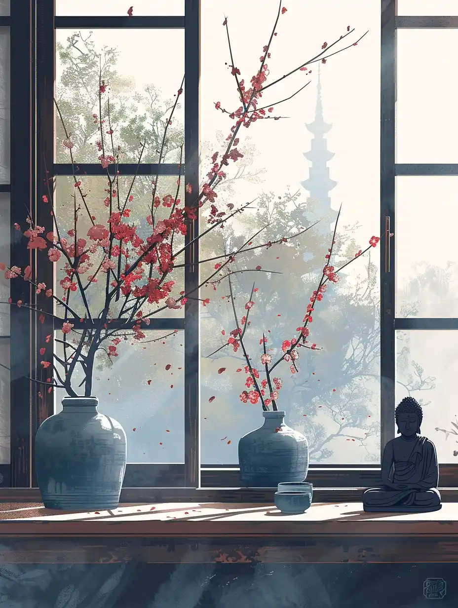 Minimalist Chinese Tea Room Midjourney提示词