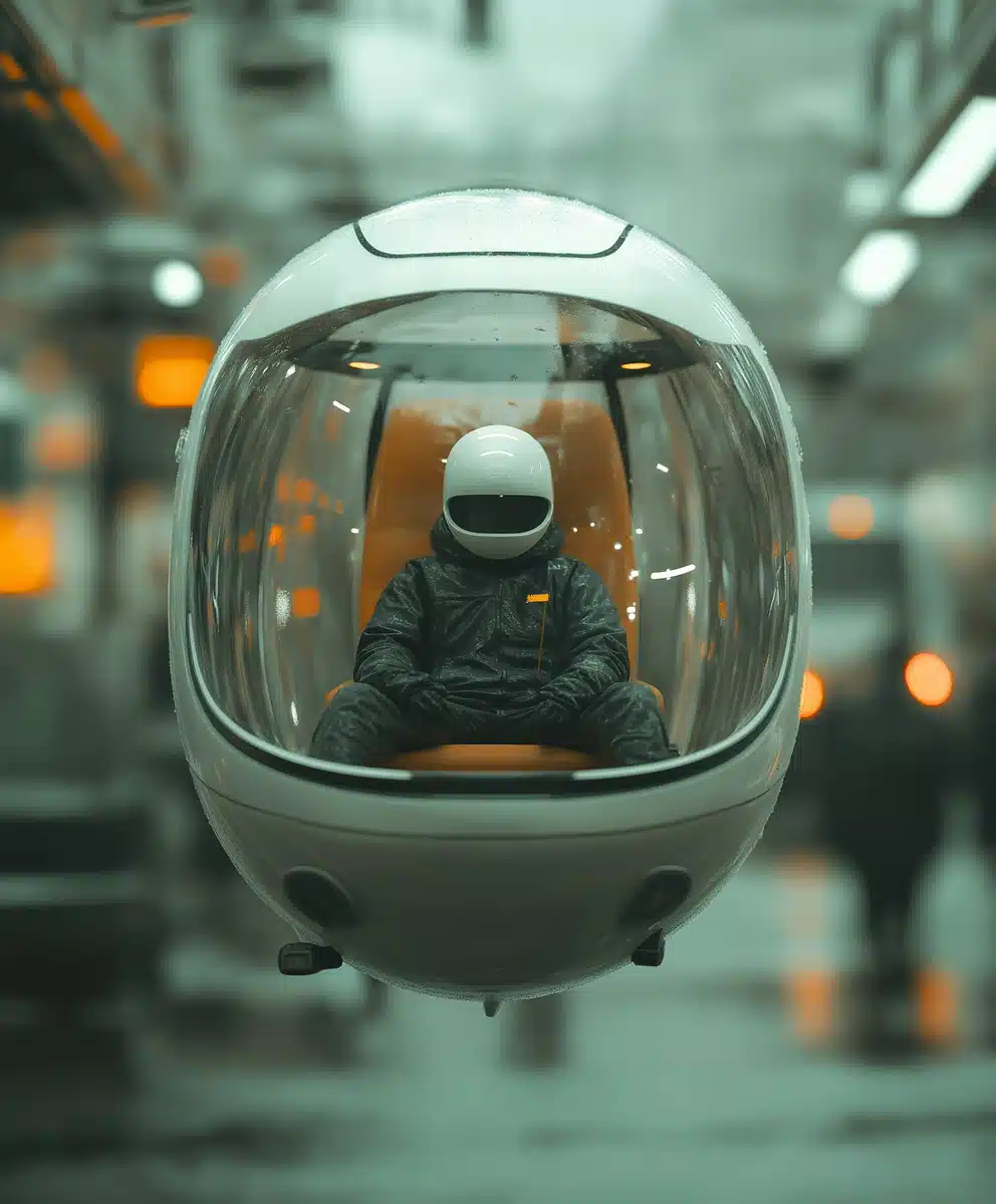 Surreal Capsule Over Cyberpunk Traffic Midjourney提示词