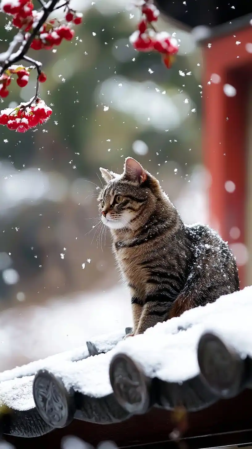Crouching Cat on Snowy Roof Midjourney提示词