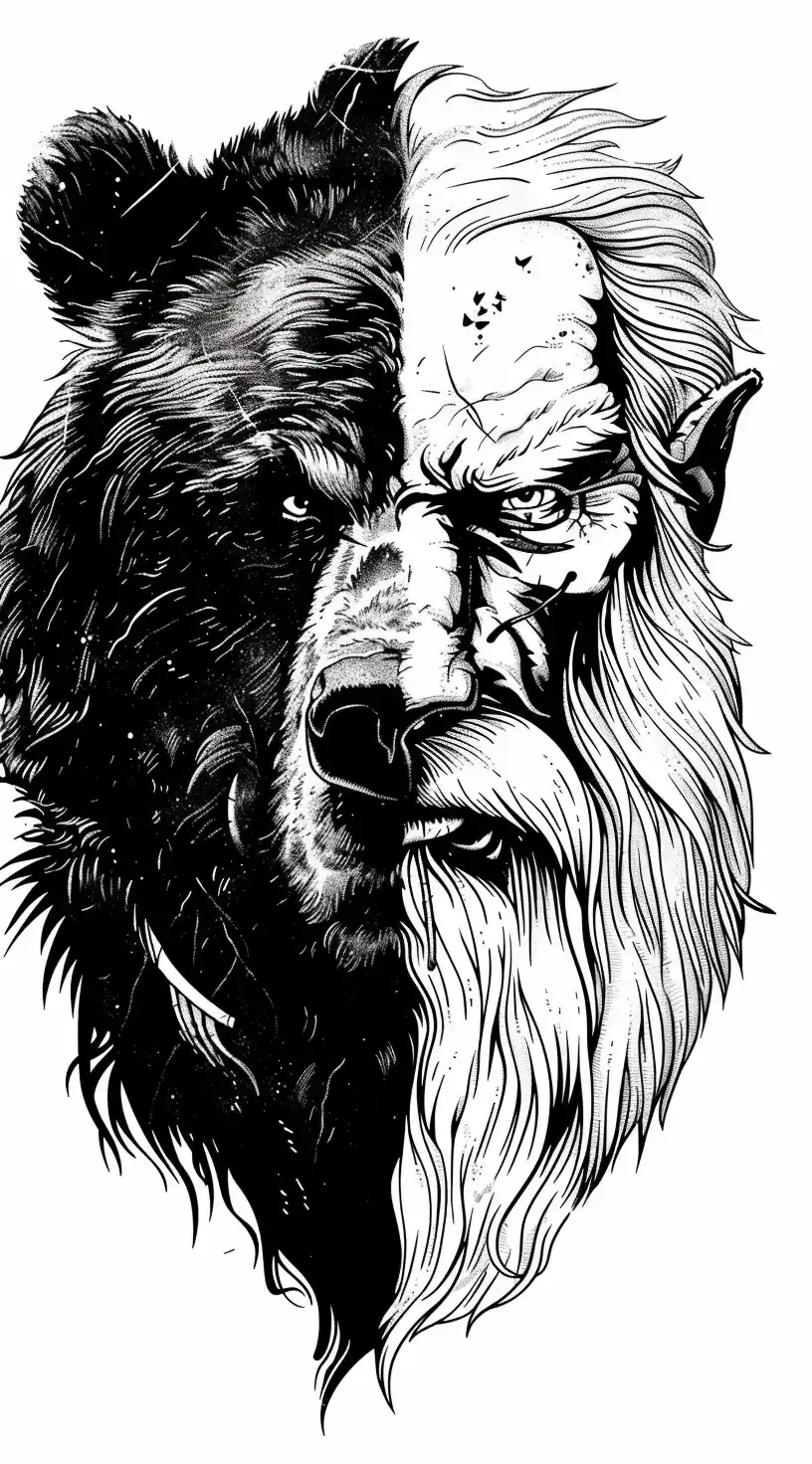 Woodcut Viking Bear Portrait Midjourney提示词