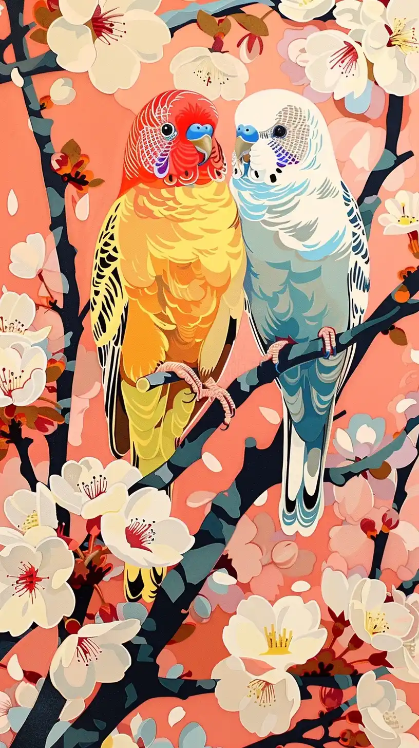 Colorful Budgies in Sakura Midjourney提示词