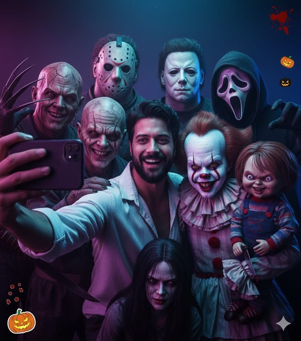 Iconic Horror Characters Selfie - Halloween Group Portrait Nano Banana提示词