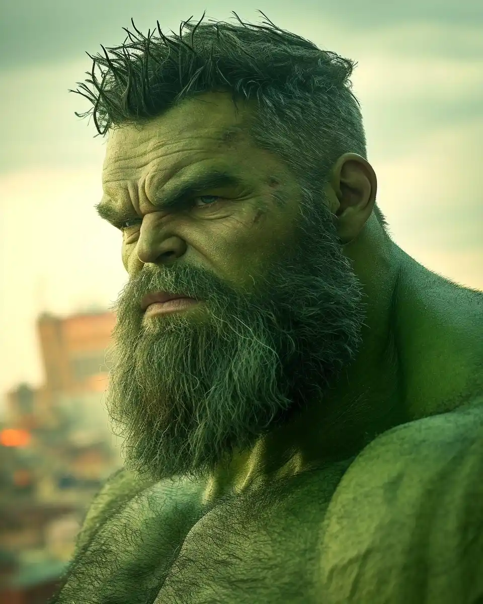 Bearded Hulk in Cityscape Midjourney提示词
