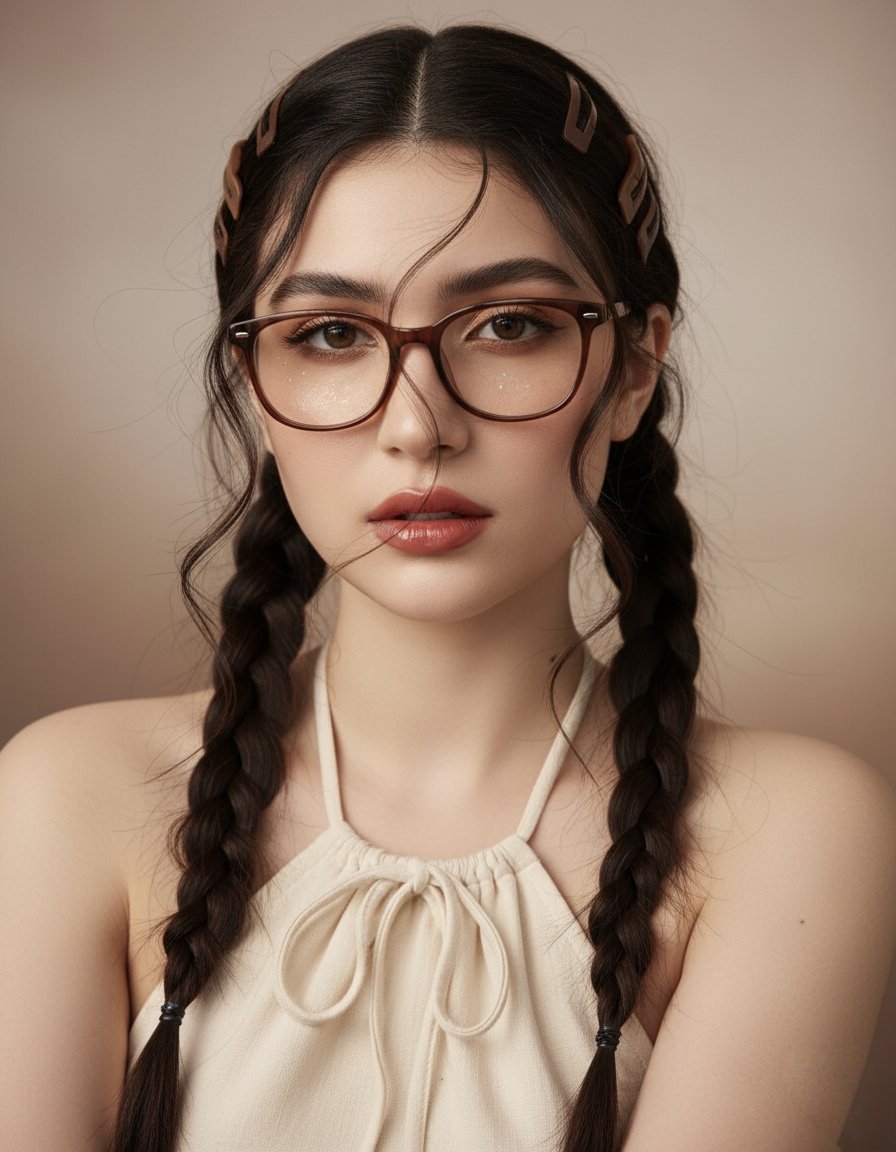 Woman with Glasses & Braids: Photorealistic Studio Portrait Nano Banana提示词
