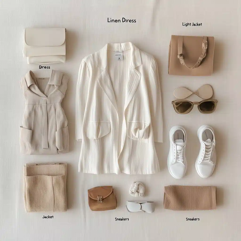 Curated Travel Wardrobe Flat-Lay Midjourney提示词