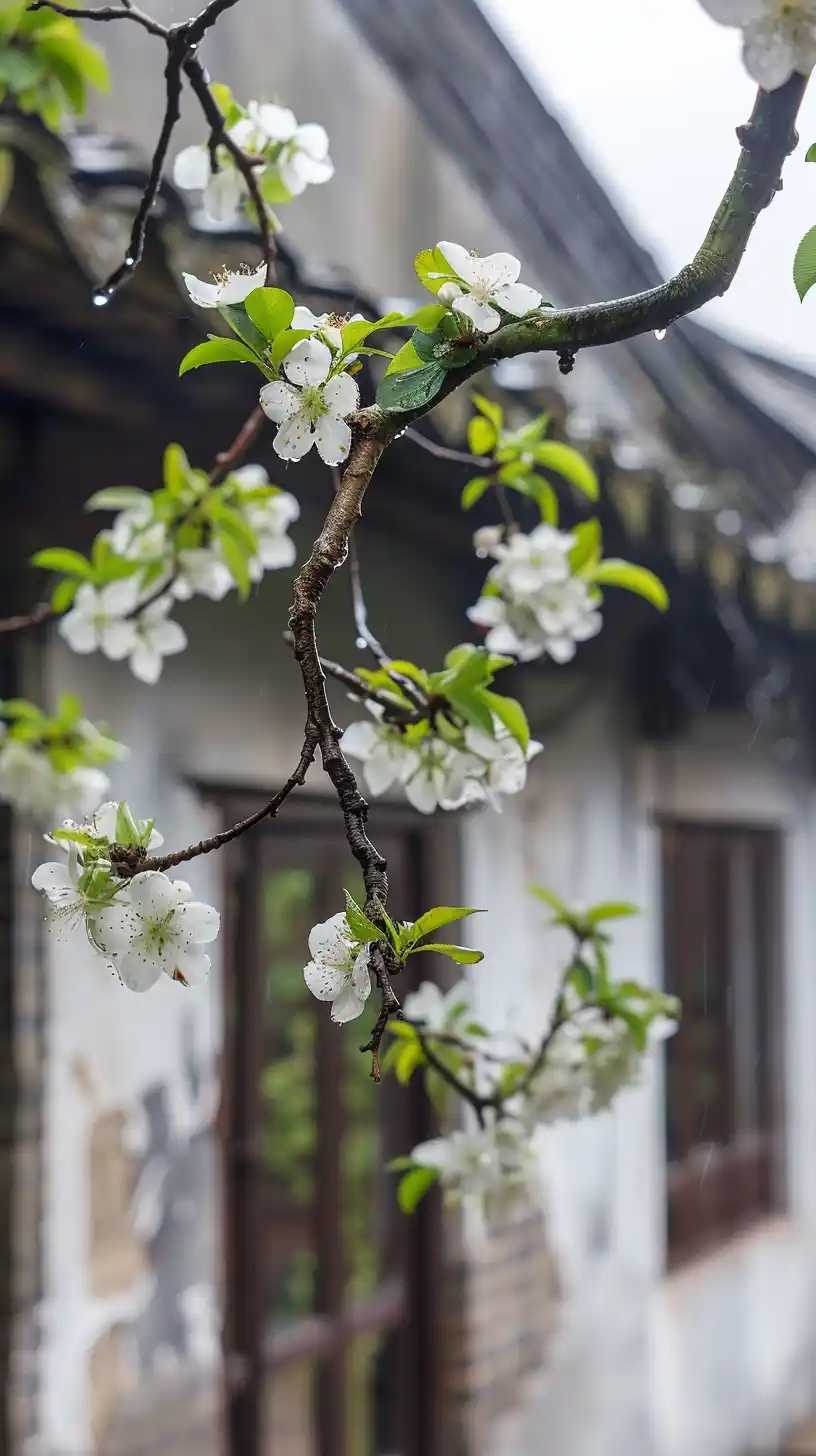 Realistic Huizhou Architecture Flowers Midjourney提示词