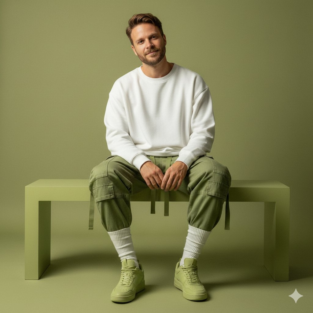 Men's Casual Fashion: Green Outfit & White Sweatshirt Nano Banana提示词