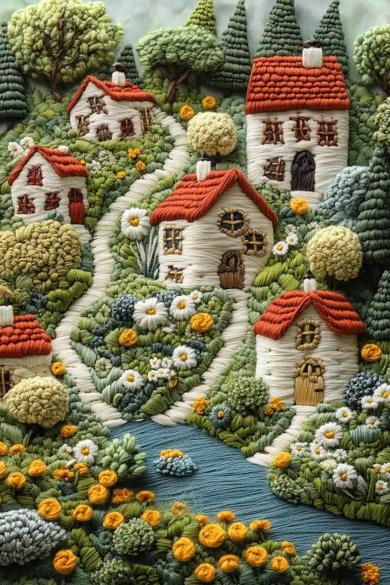 Felt Craft Village Scene Midjourney提示词