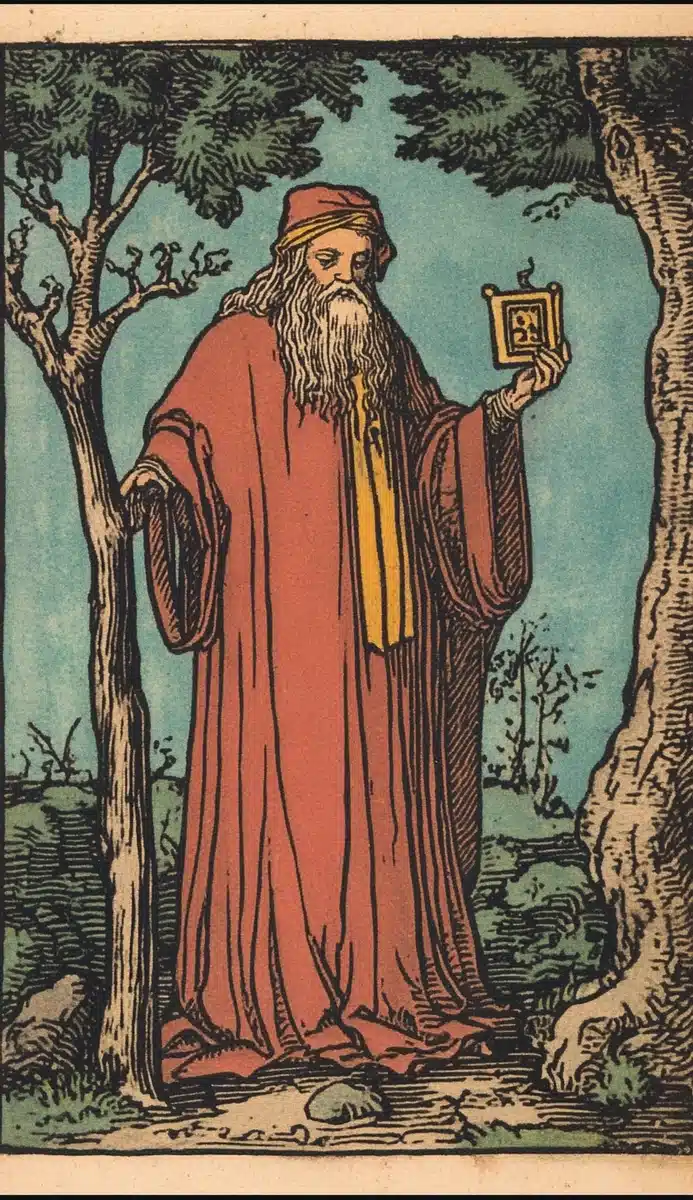 Medieval Woodblock Hermit Card Midjourney提示词