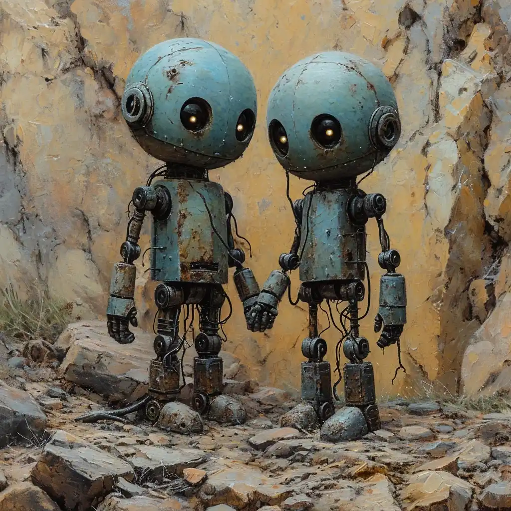 Robotic Love in Abandoned Space Midjourney提示词