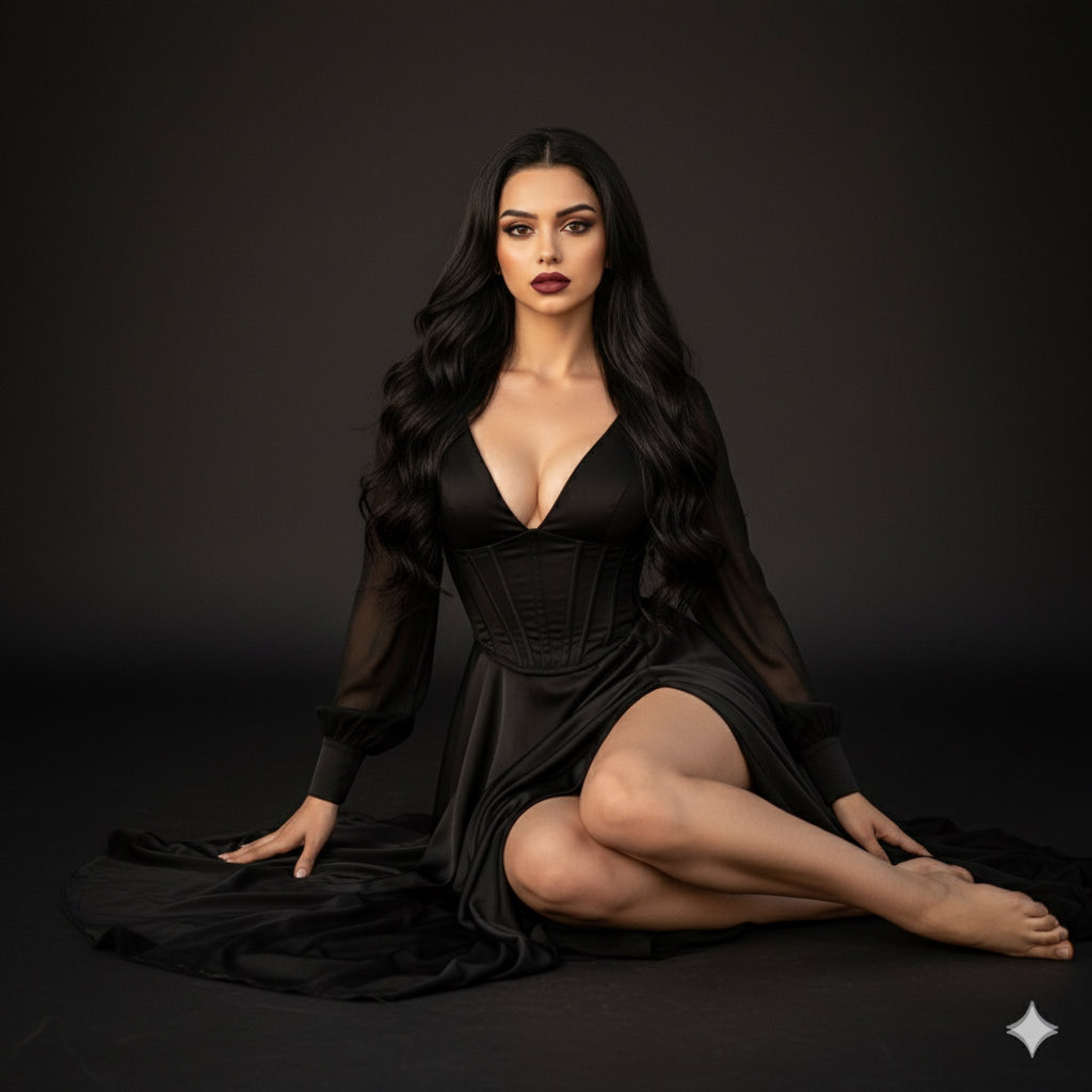 Elegant Woman in Black Dress: Dramatic Fashion Portrait Nano Banana提示词