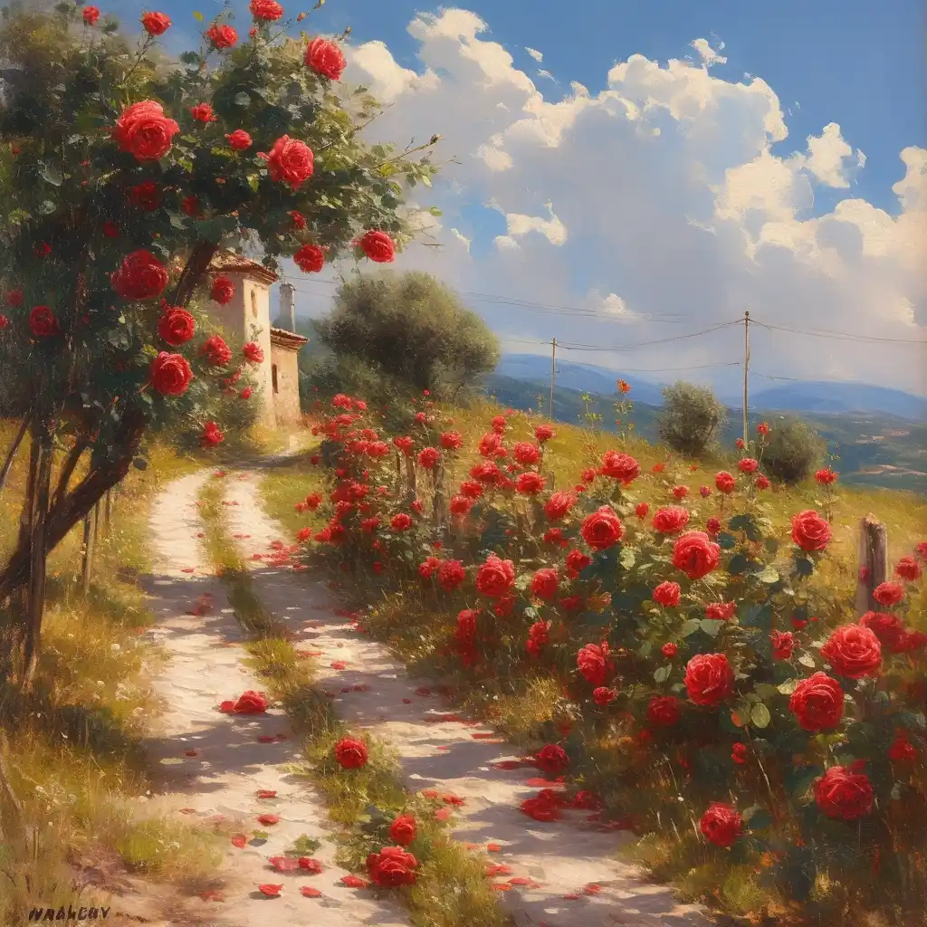 Graphic Red Roses Road Midjourney提示词