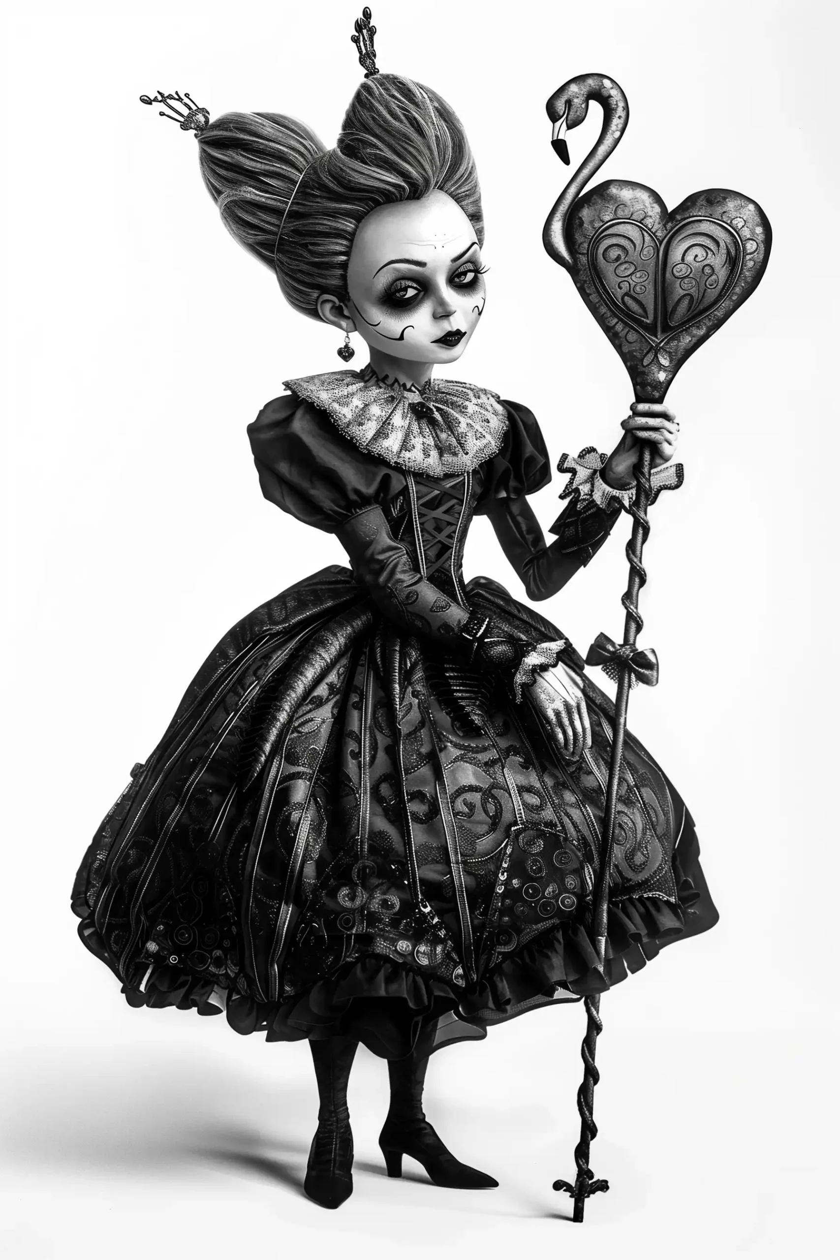 Monochrome Queen with Flamingo Scepter Midjourney提示词