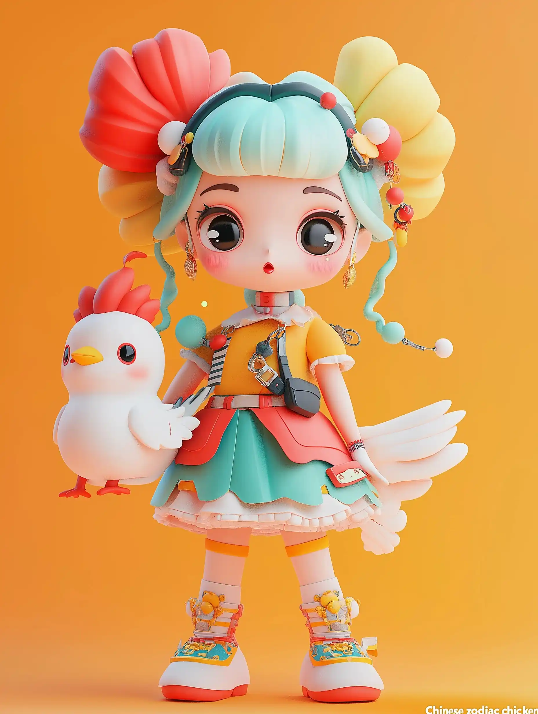 Chibi Girl with Holographic Chicken Midjourney提示词