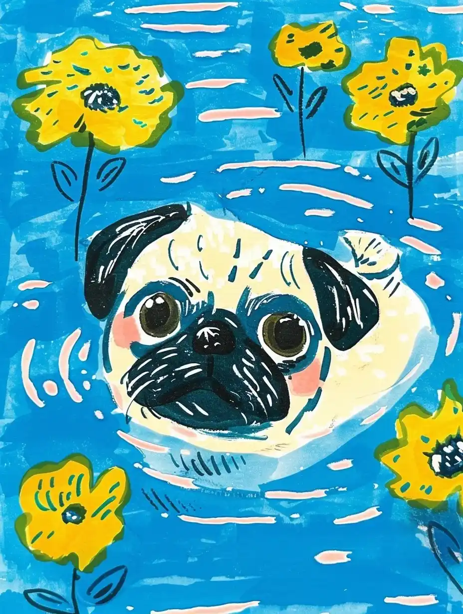 Flat Pug Swimming Midjourney提示词