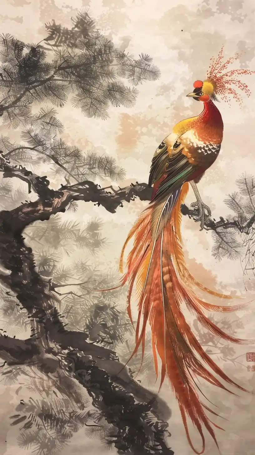 Chinese Phoenix on Plane Tree Midjourney提示词