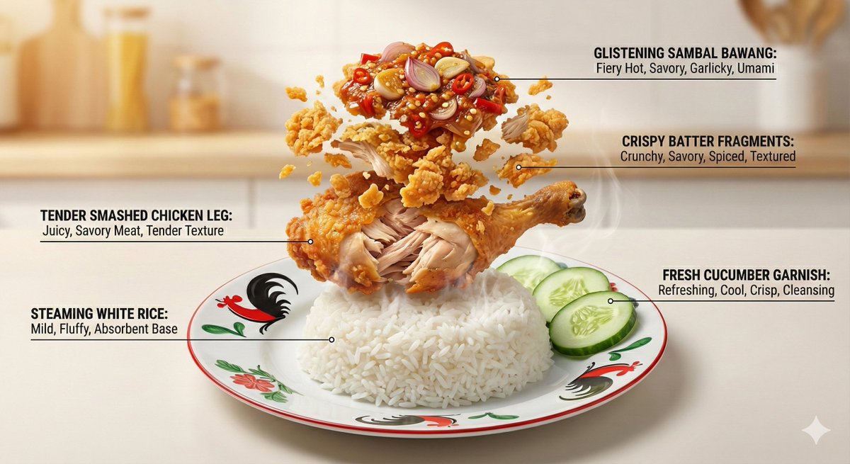 Exploded View: Fried Chicken, Sambal Bawang & Rice Meal Nano Banana提示词