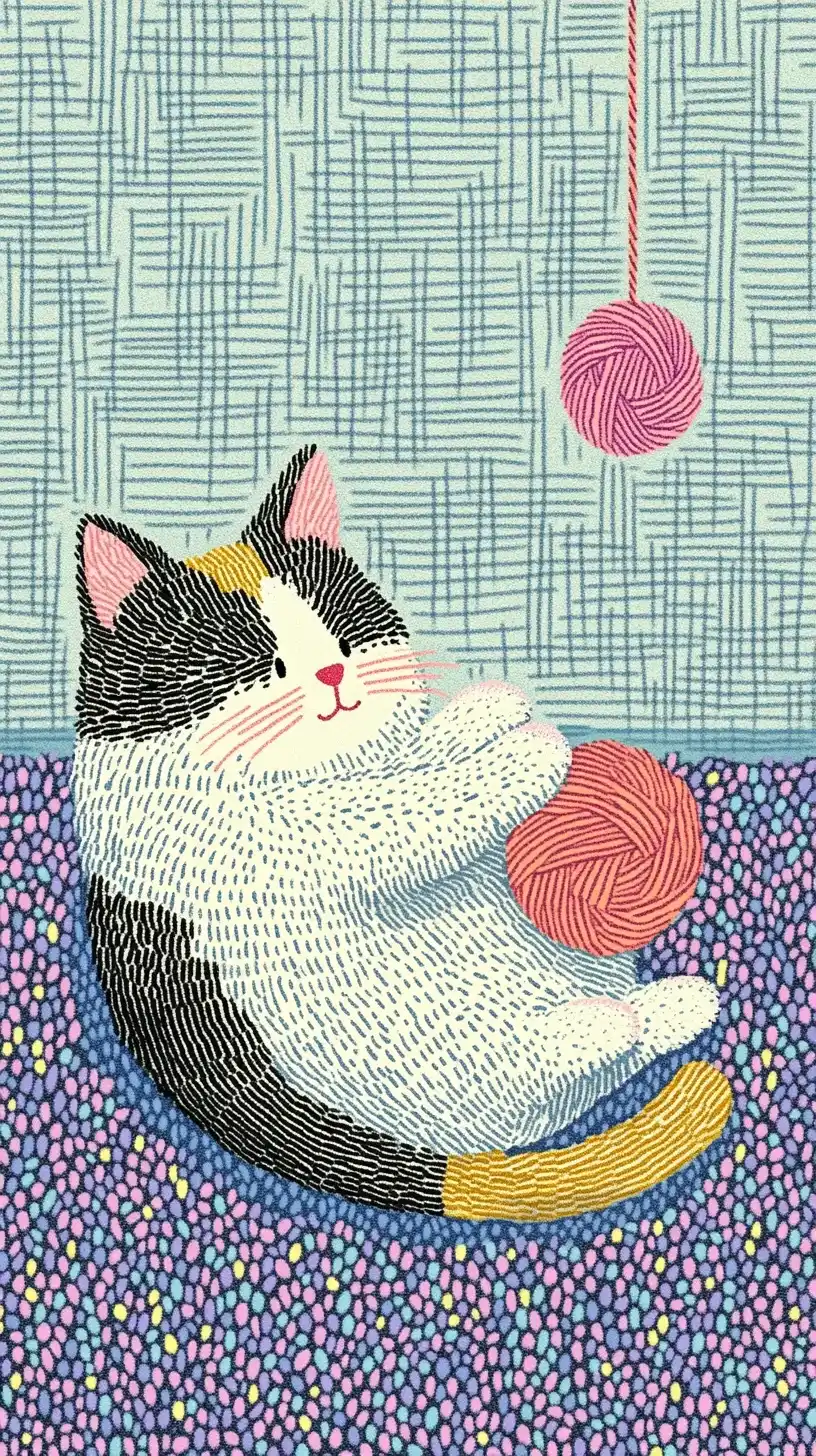 Calico Cat with Yarn Midjourney提示词