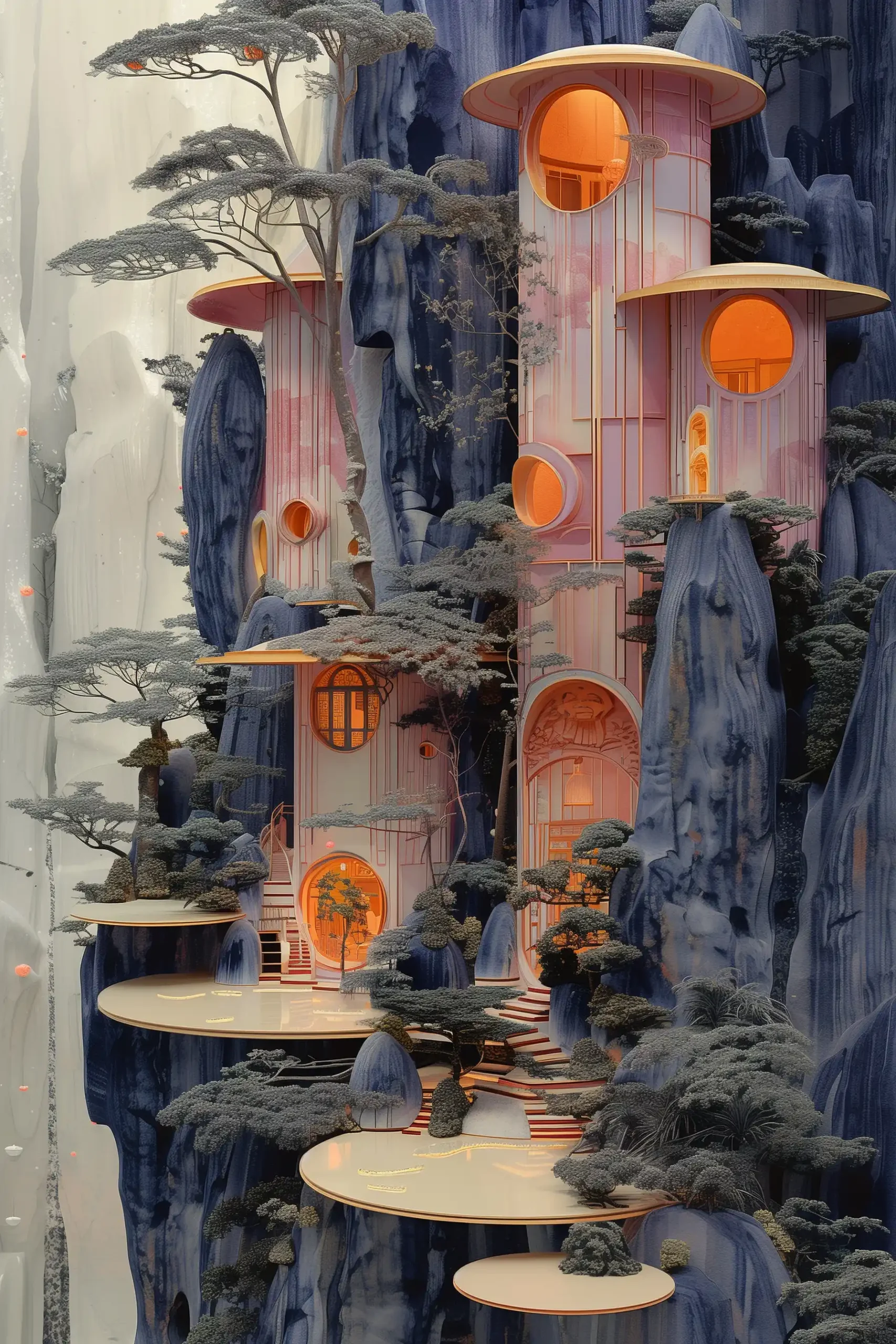 Layered Chinese Ink Landscape Midjourney提示词
