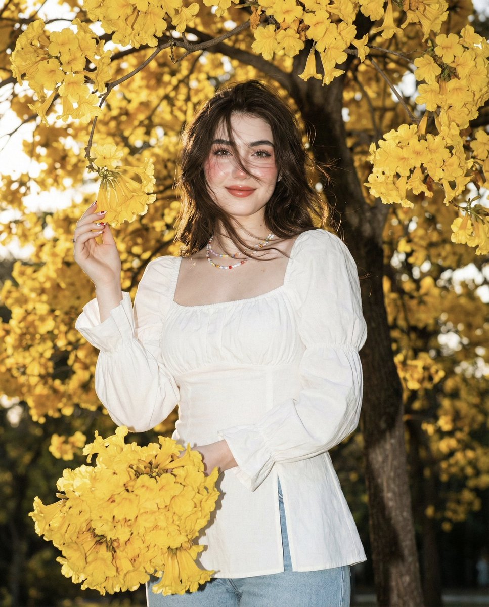 Cheerful Young Woman with Yellow Flowers Portrait Nano Banana提示词