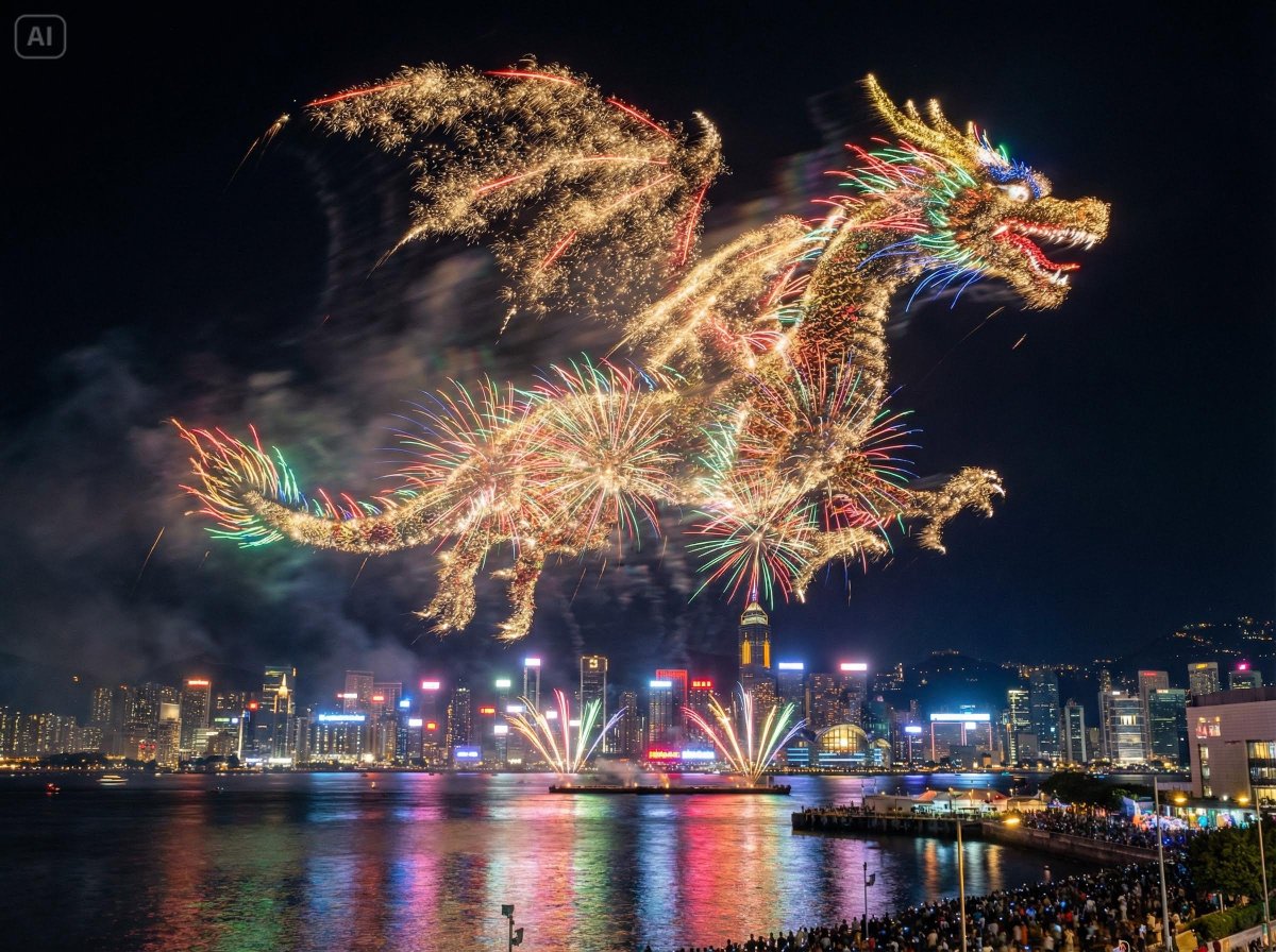 Spectacular Dragon Fireworks over Vibrant City Skyline Nano Banana提示词