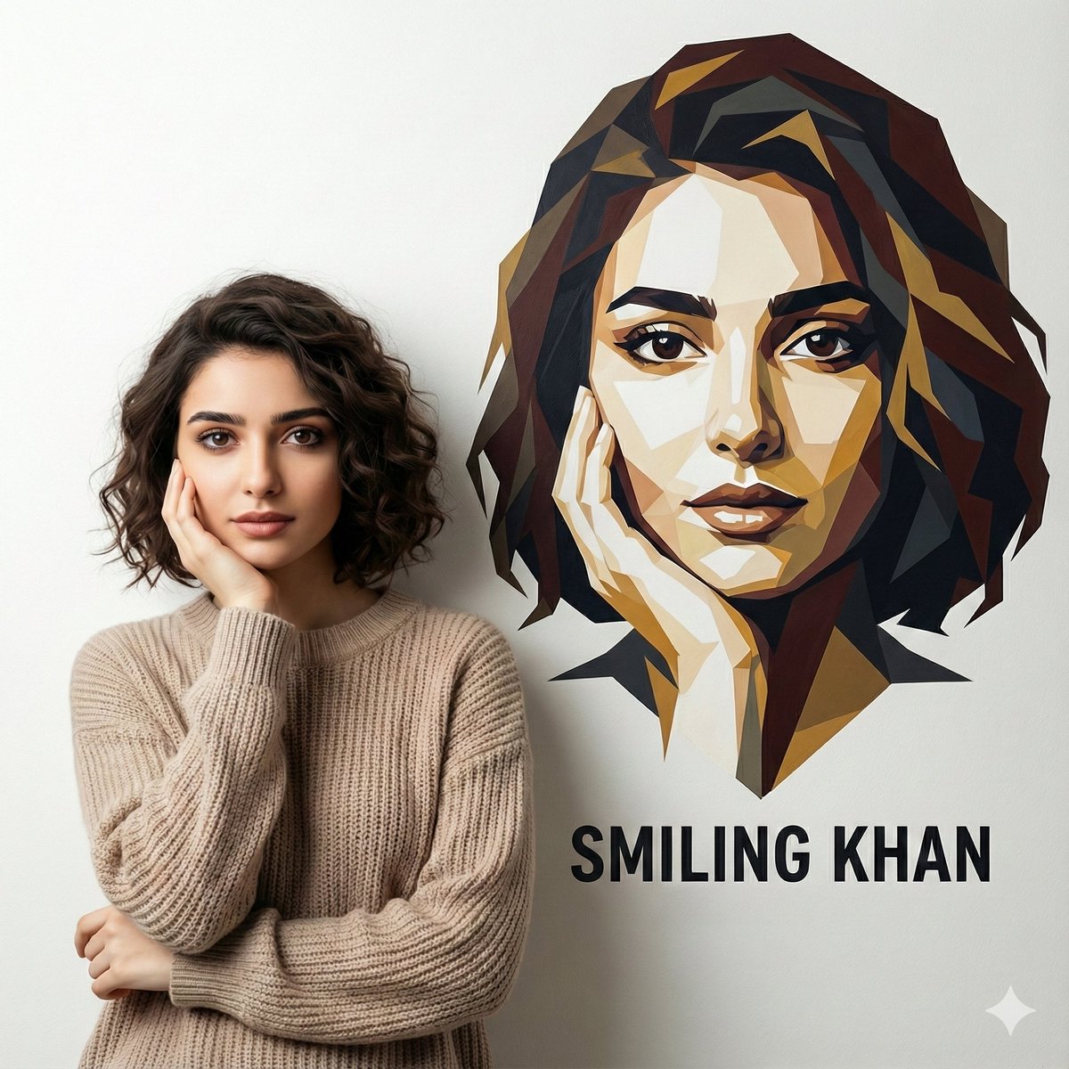 Young Woman & Geometric Portrait Wall Art - Smiling Khan Nano Banana提示词