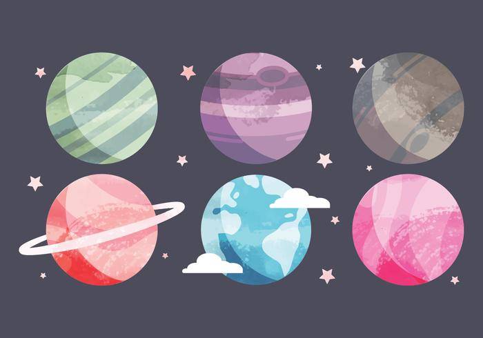 矢量水彩行星集合