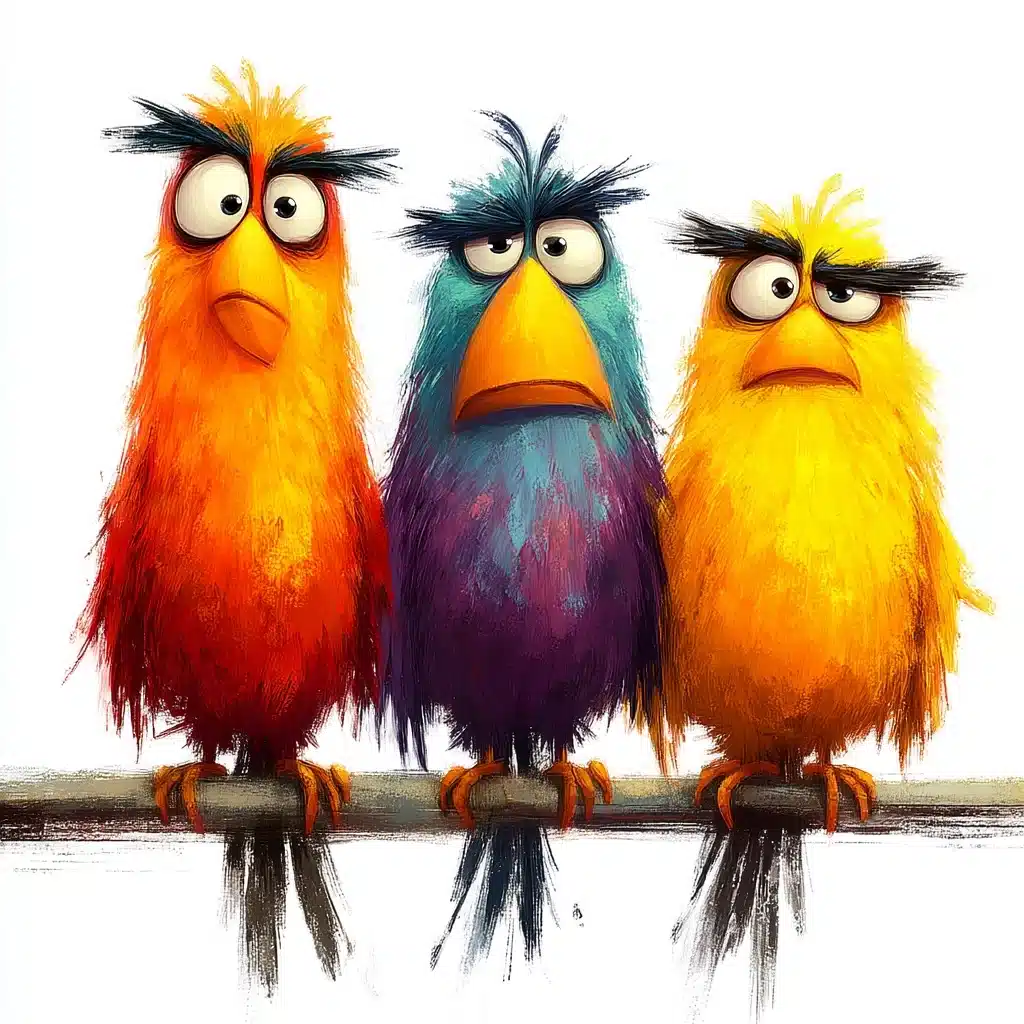 Colorful Cartoon Birds Branching Midjourney提示词