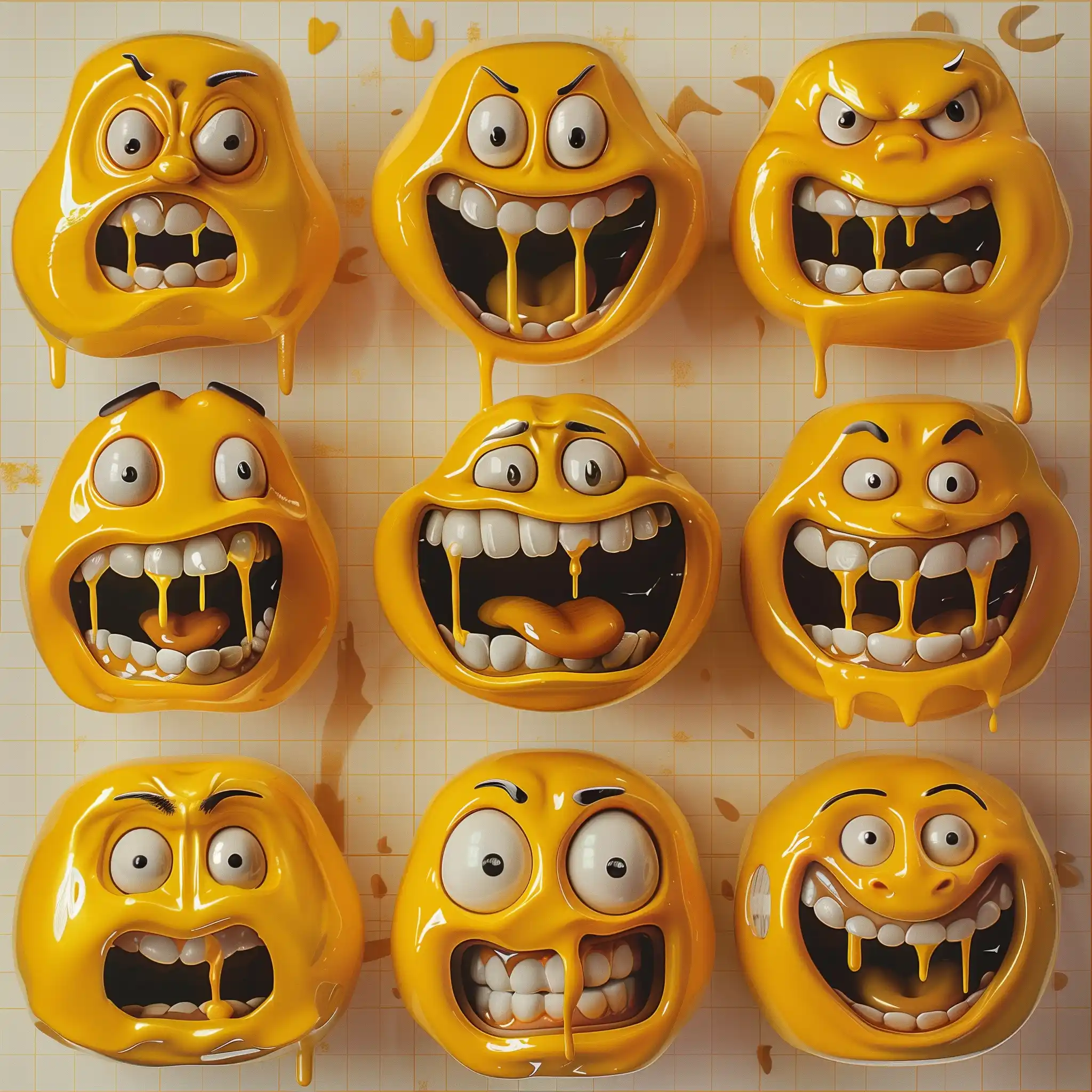 Exaggerated Yellow Faces Grid Midjourney提示词