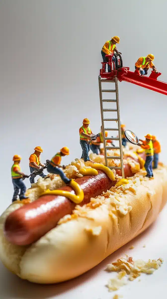Miniature Workers on Hot Dog Midjourney提示词