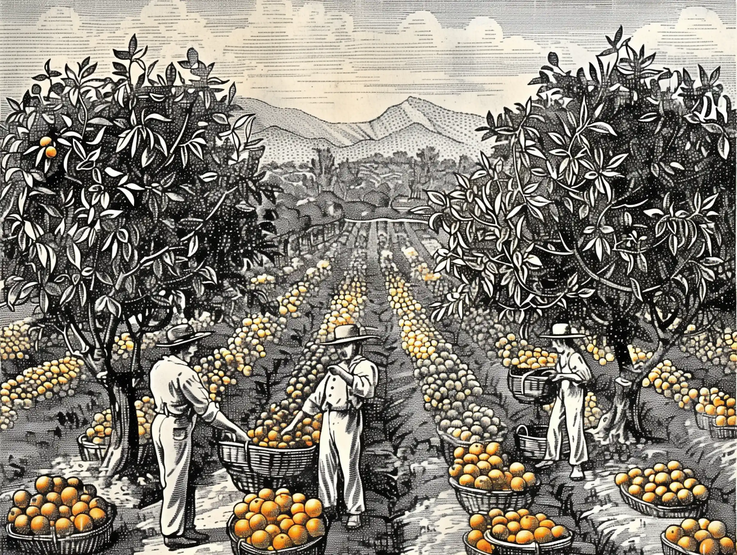 Woodcut Orange Grove Harvest Midjourney提示词