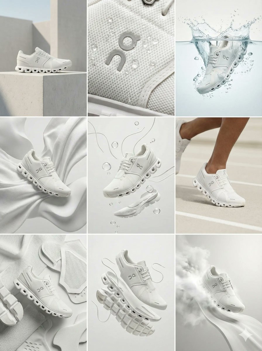 White On Running Shoes Product Photography & Features Nano Banana提示词