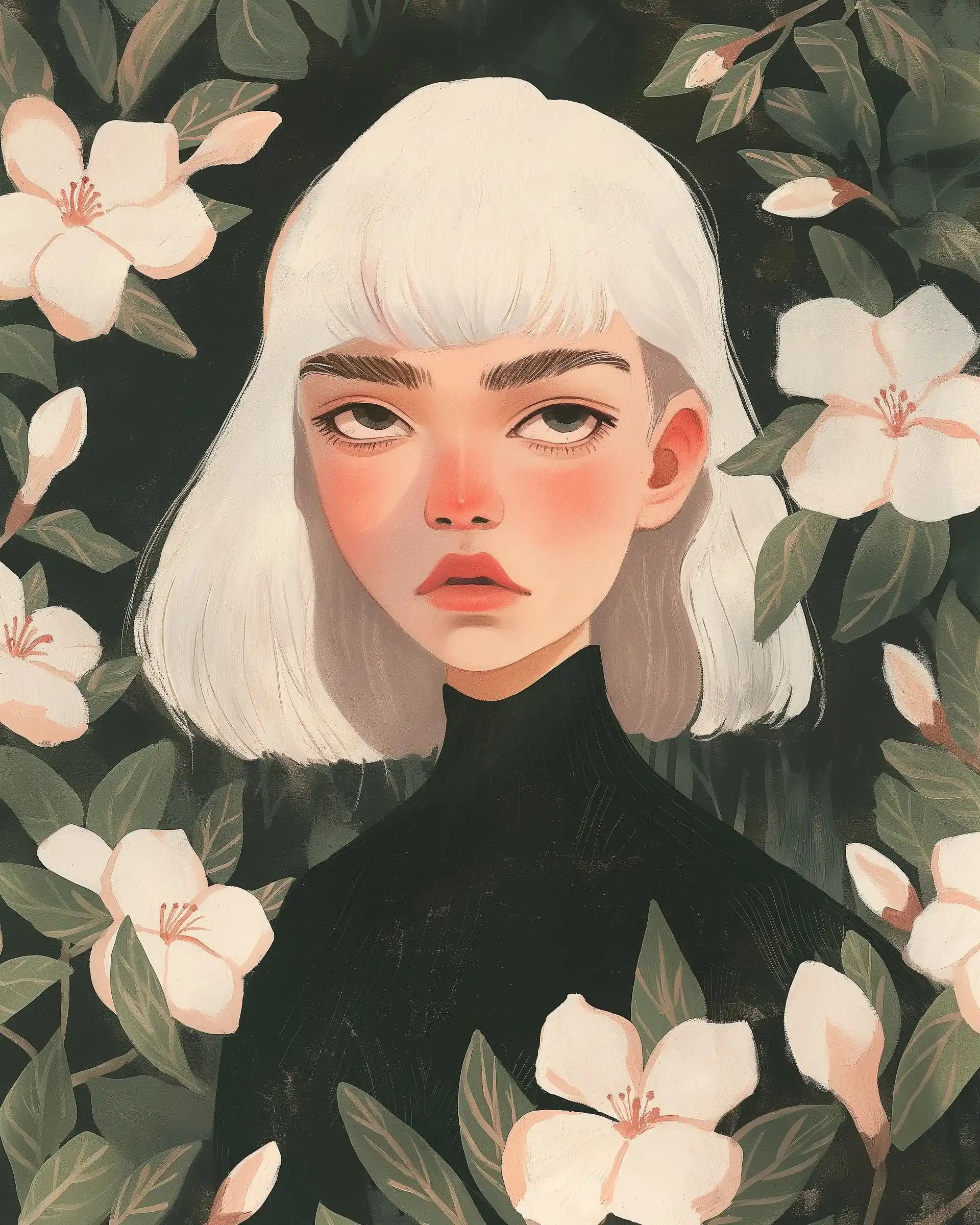 White-Haired Girl in Gardenia Midjourney提示词