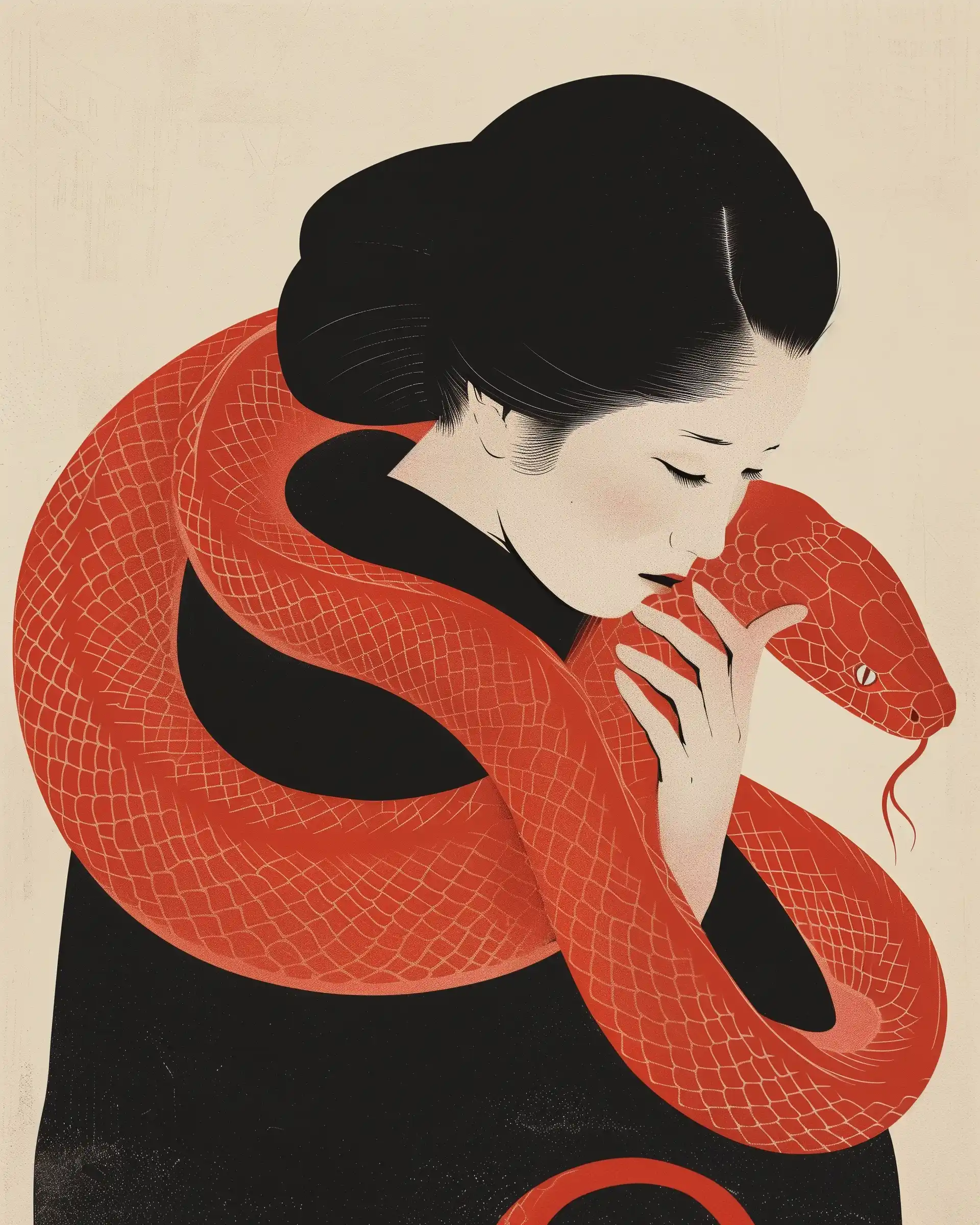 Japanese Geisha with Red Snake Midjourney 提示词生成效果