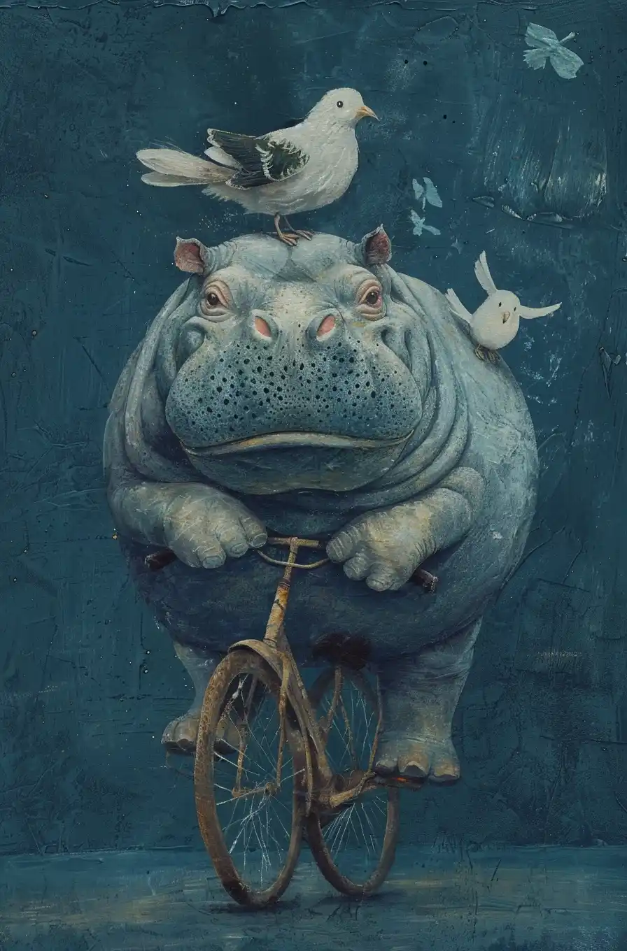 Whimsical Hippo Bike Ride Midjourney提示词