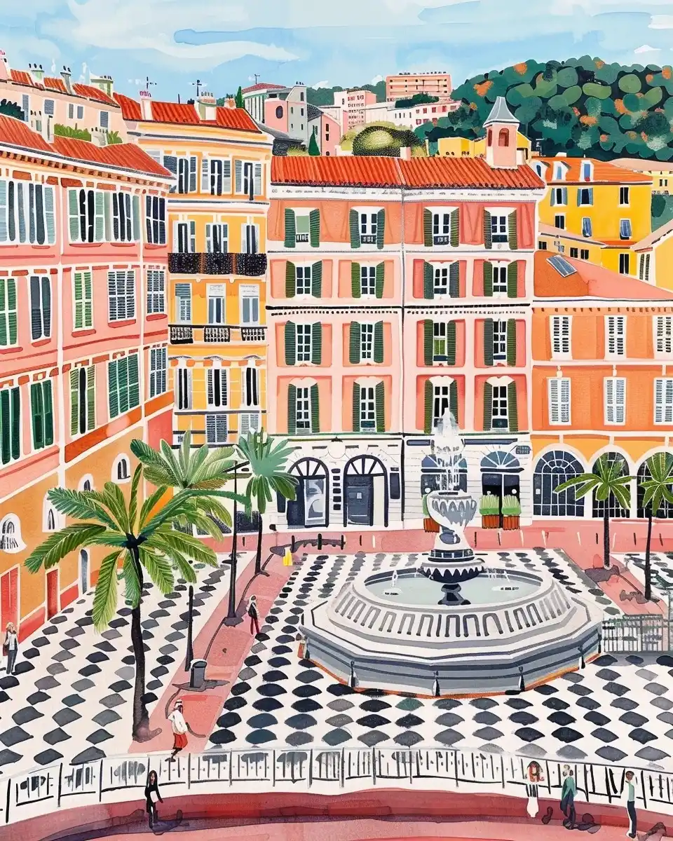 Naive Square Fountain Gouache Midjourney提示词