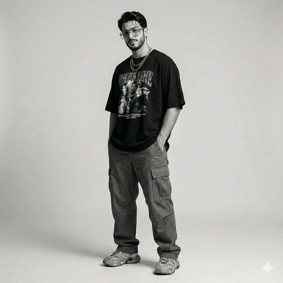 Male Model Streetwear Fashion Monochrome Studio Portrait Nano Banana提示词