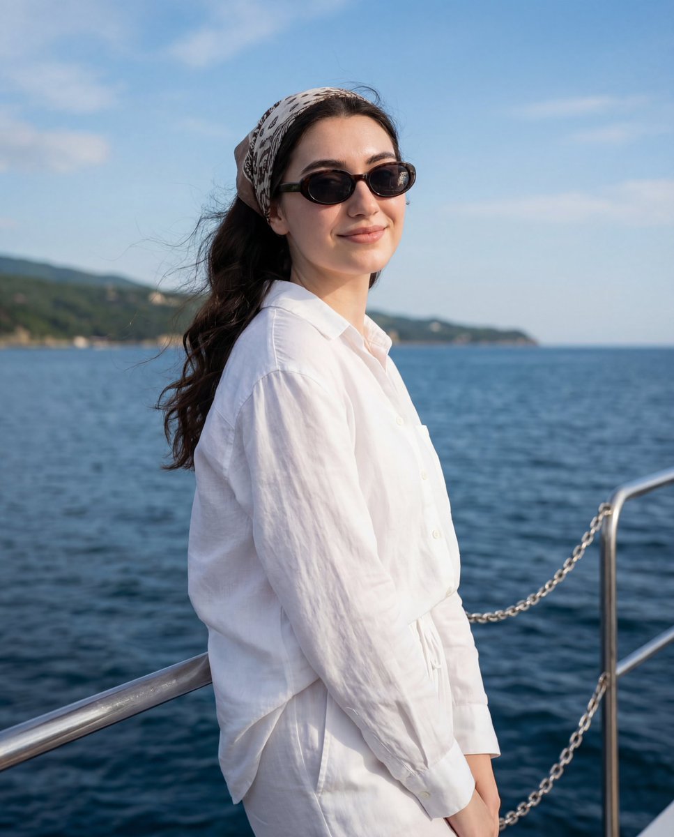 Summer Fashion Portrait: Woman on Boat in White Linen Nano Banana提示词