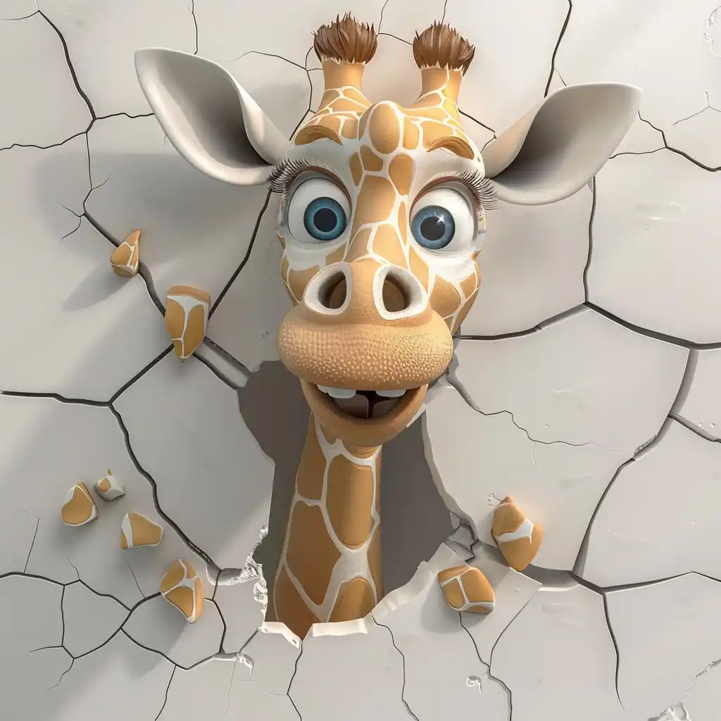 3D Giraffe Emerging Cracked Wall Midjourney提示词