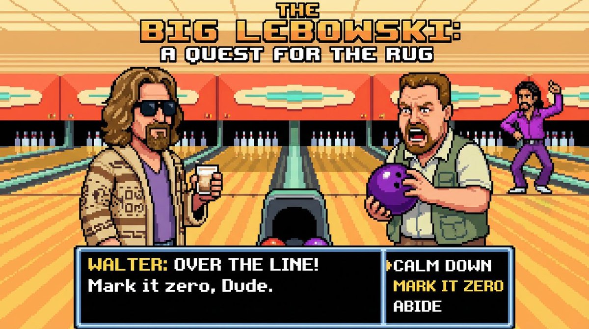 Big Lebowski Pixel Art: Dude, Walter, Retro Game Screen Nano Banana提示词