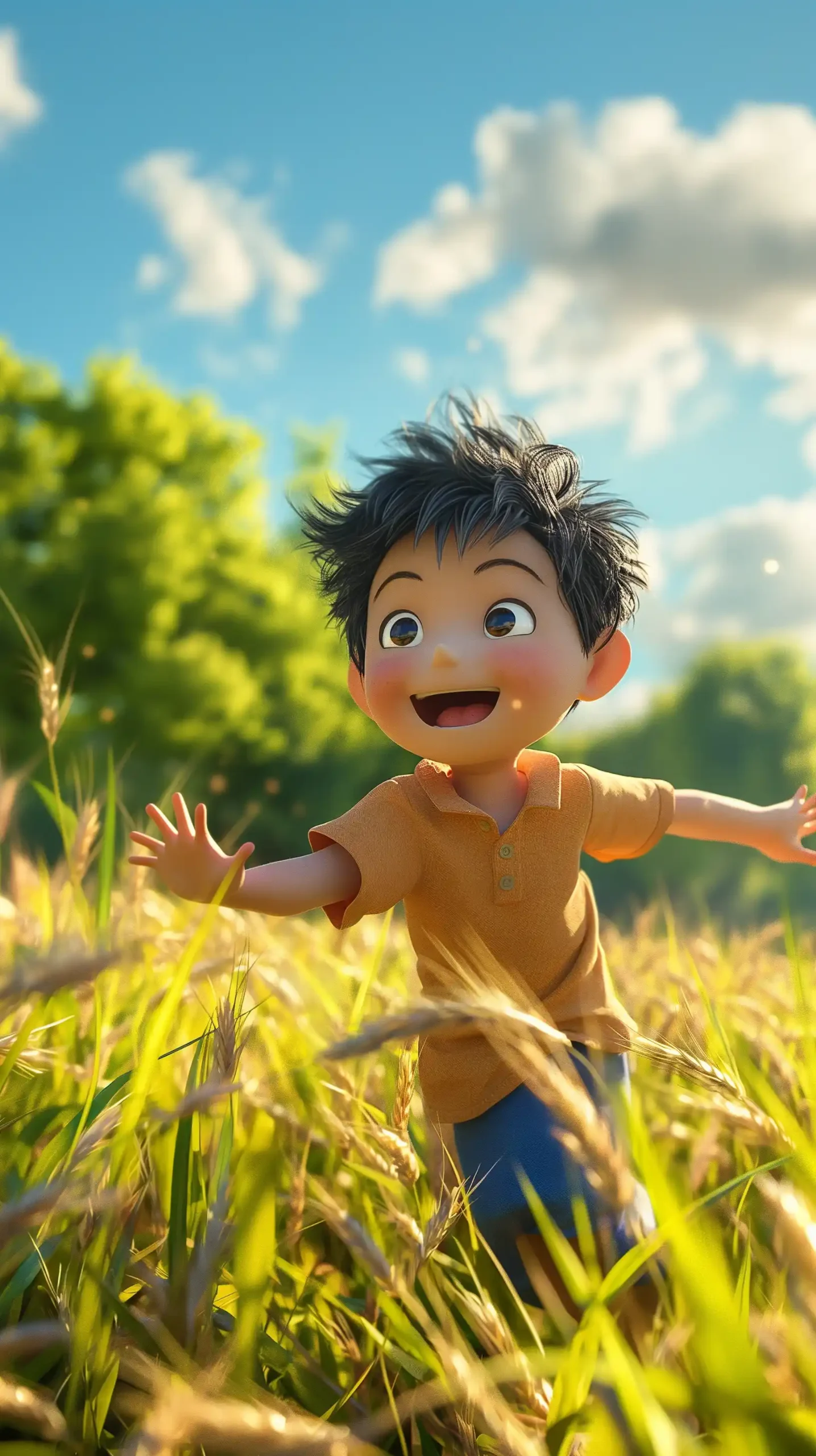 3D Asian Boy in Wheat Field Midjourney提示词