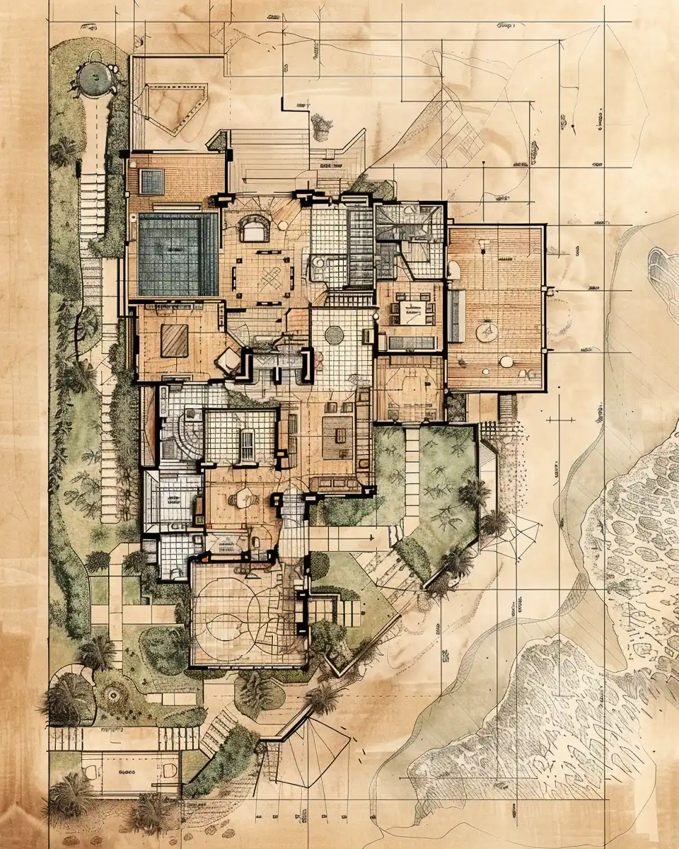 Realistic Beachfront Home Blueprint Midjourney 提示词生成效果