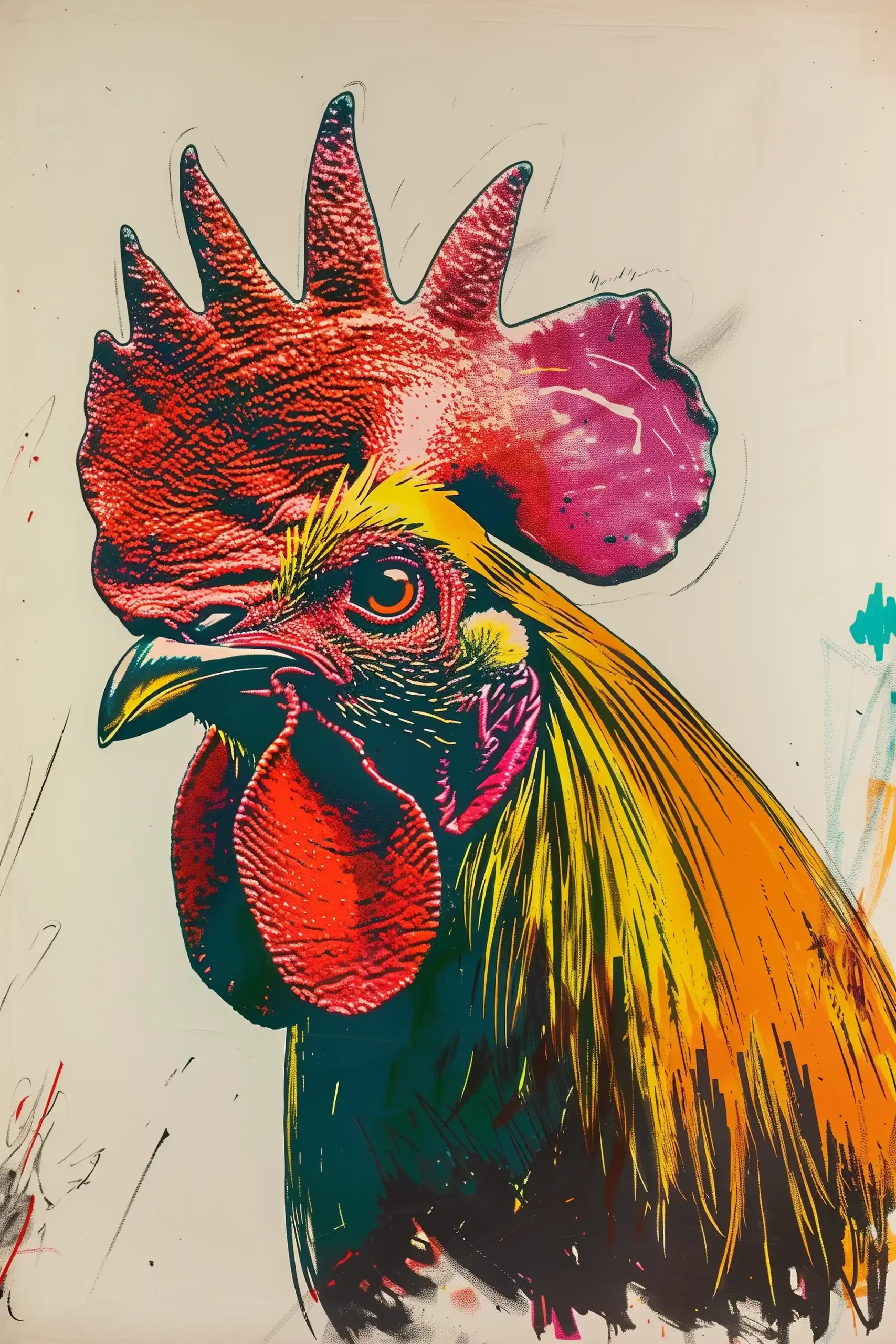 Pop Rooster by Warhol Midjourney提示词