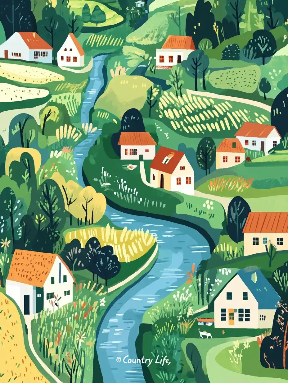 Vibrant Countryside Illustration Midjourney提示词