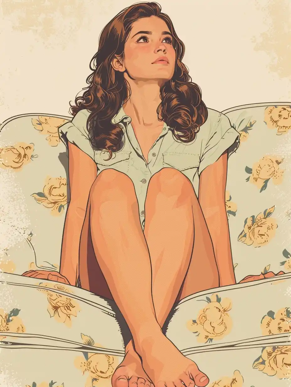 Retro Woman on Sofa Midjourney提示词